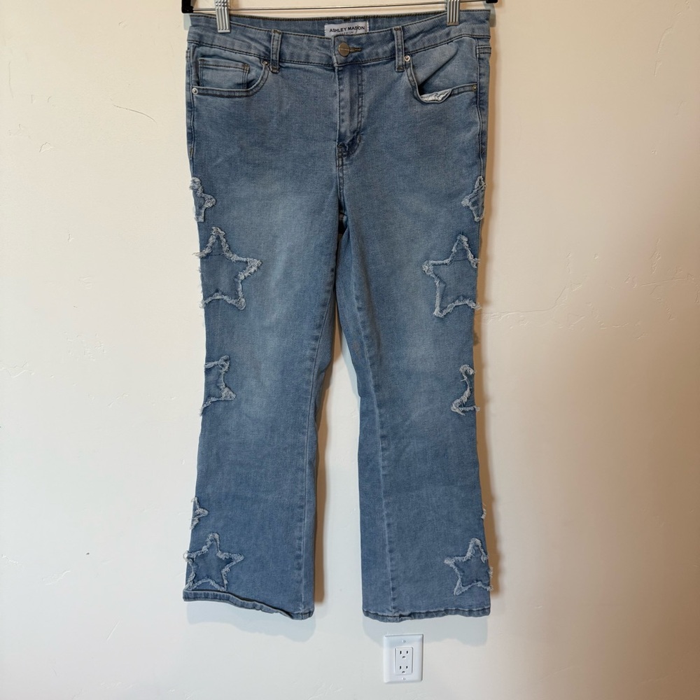 Ashley Mason Light Blue Star-Patterned Flare Jeans Womens Size 9 29 Stretch